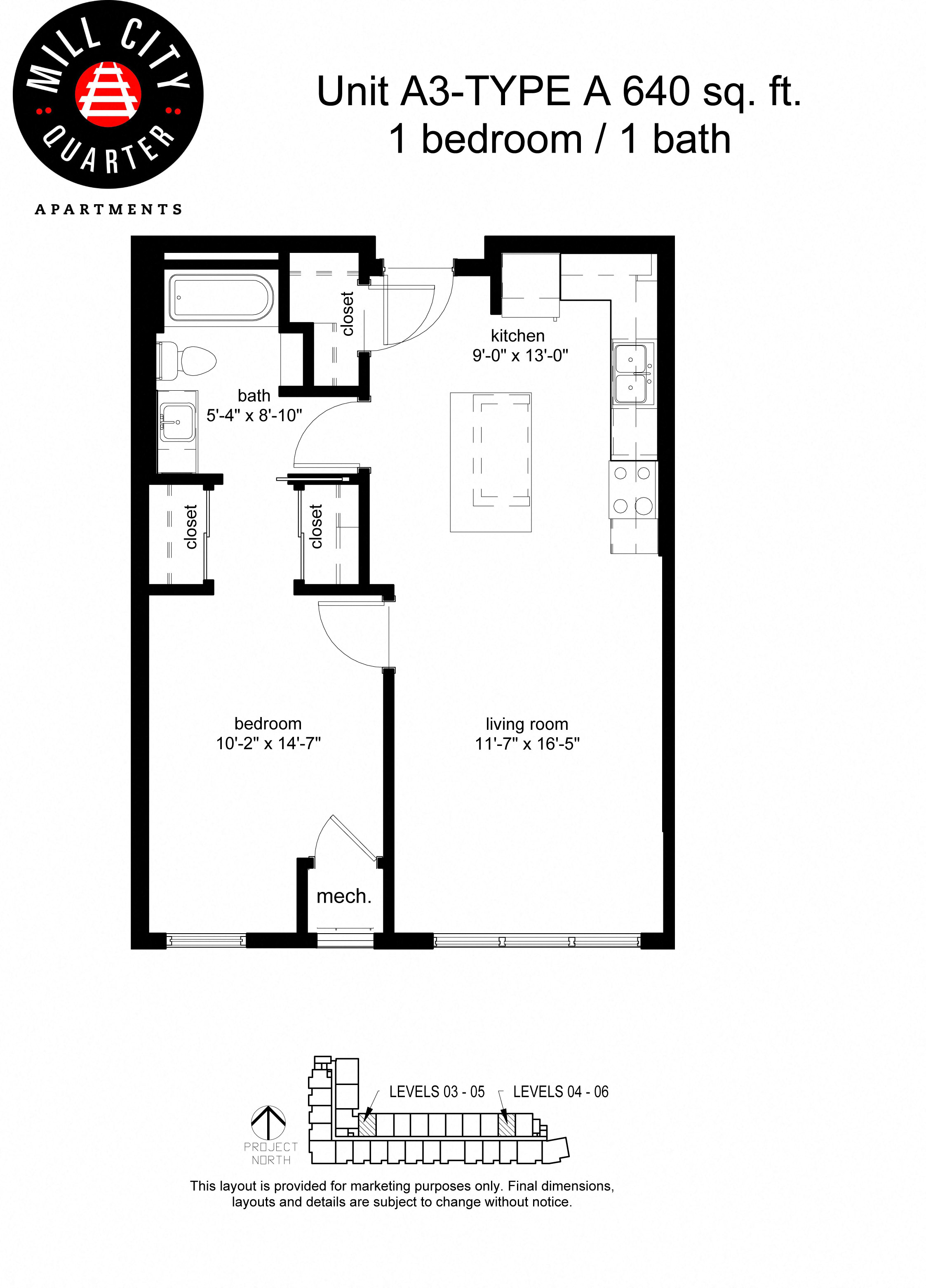 Floor plan for 1 bed, 1 bath, 635 sqft